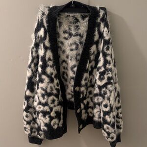 Threaded Leaf Leopard Print Black and White Women Fuzzy Cardigan